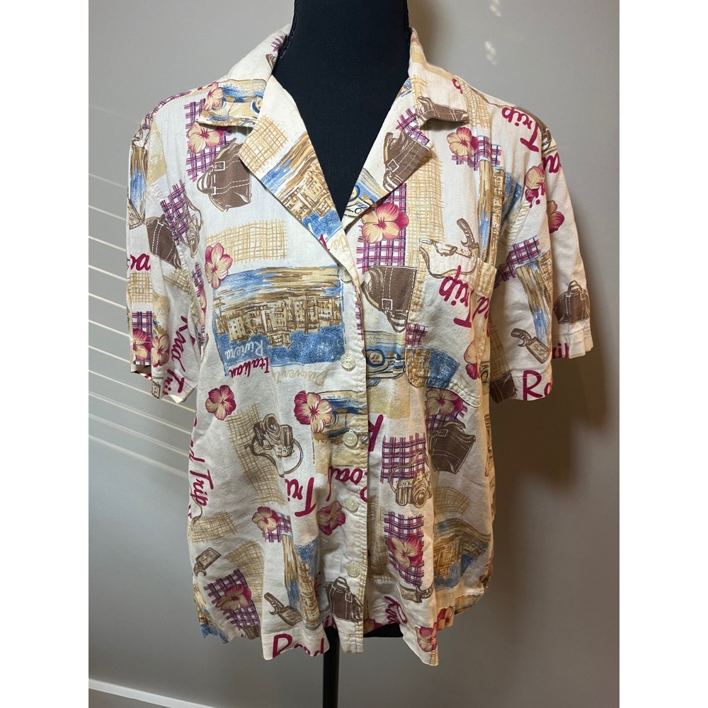 Vintage Erika Road Trip Novelty Print Button Up Shirt L Italian Riviera Travel